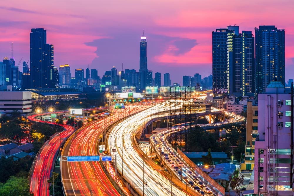 The Rama 9 expressway and Bangkok city skyline