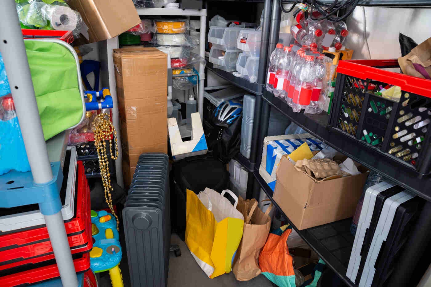 A closet in need of decluttering. 