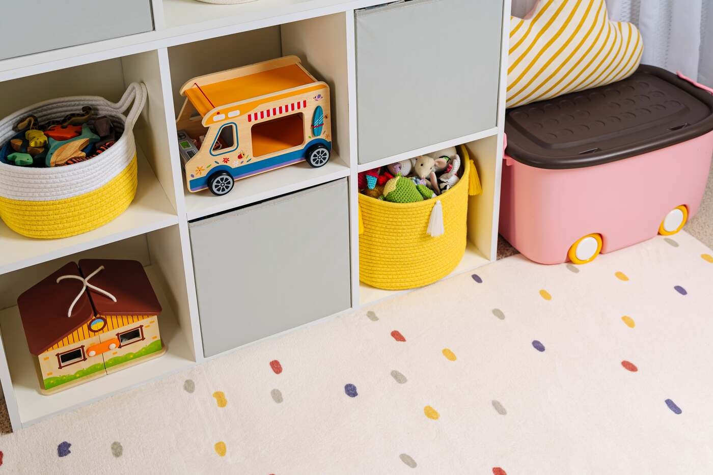 Storage ideas for small spaces include colorful baskets 